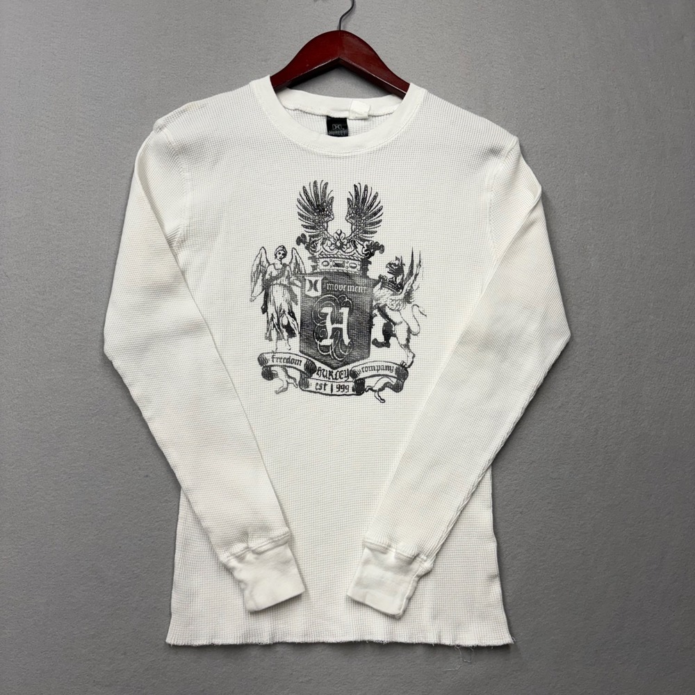 Hurley Thermal Shirt Mens Large White Waffle Knit Y2K Graphic Long Sleeve Top